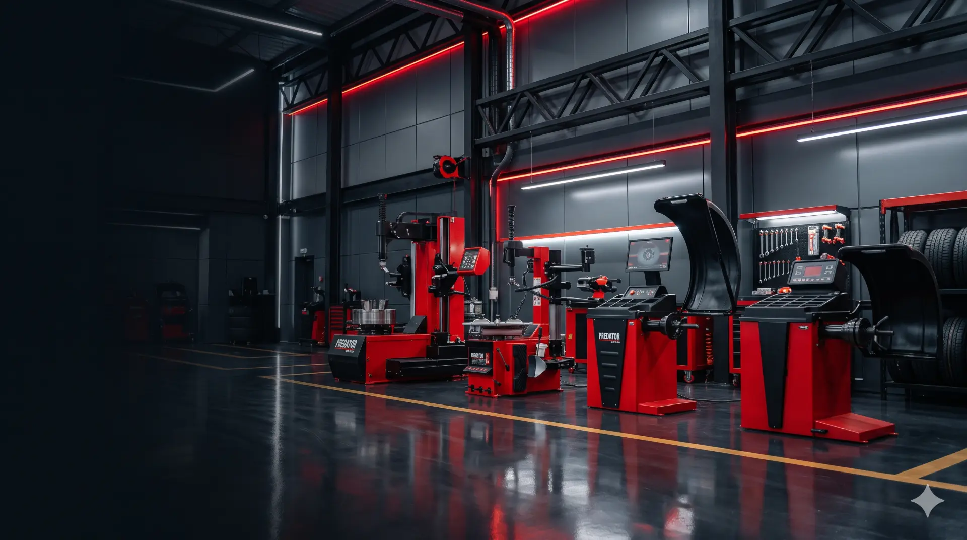 Predator tyre changers and wheel balancers in a modern workshop